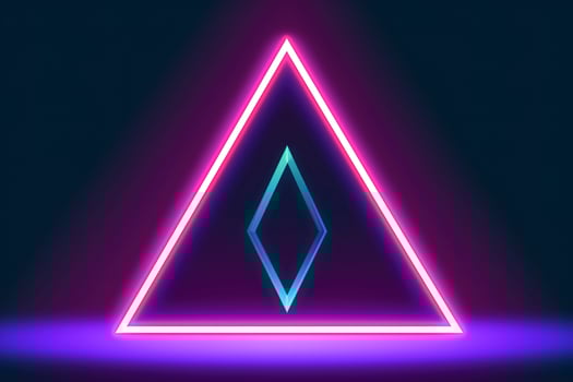 3d render, abstract fantasy background. Unique futuristic wallpaper with a triangular geometric shape glowing with pink red neon light, colorful, generate ai photo