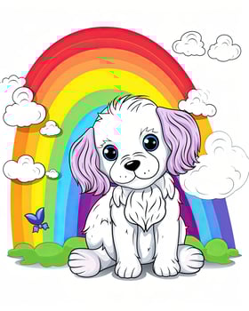 Beautiful puppy illustration bundle with colorful rainbows and flowers. Cute puppy sitting illustration bundle. Cute colorful puppy set illustration. Dog cartoon illustration for kids. . photo