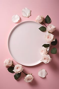 Mother's Day concept. Top view vertical photo of white empty circle fresh peony roses and sprinkles on isolated light pink background with blank space, generate ai