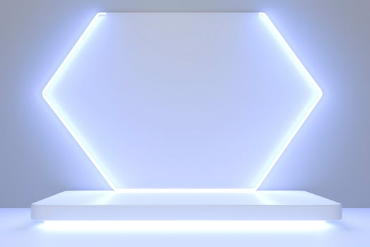 Realistic podium display with neon white lights, Product display background with light frame, White prodium product display with light effect, neon lights background, generate ai photo