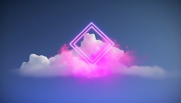 3d render, abstract minimal background with pink blue yellow neon light square frame with copy space, illuminated stormy clouds, glowing geometric shape, generate ai photo