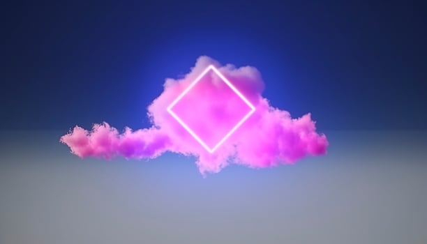 3d render, abstract minimal background with pink blue yellow neon light square frame with copy space, illuminated stormy clouds, glowing geometric shape, generate ai photo