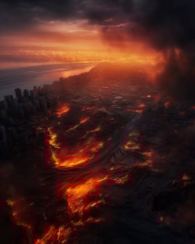 Post apocalypse. Nuclear apocalypse survivor. Ruined Cityscape. Concept. Banner size. Header, A nuclear explosion in the center of the metropolis. The beginning of apocalyptic, generate ai photo
