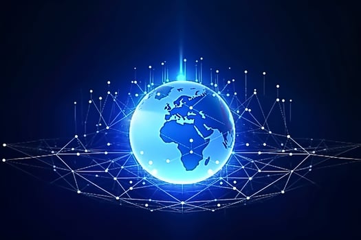 Global network on Earth concept. 3D rendering, World map point. Big data analytics and business concept, world map point and line composition concept of global business, generate ai photo
