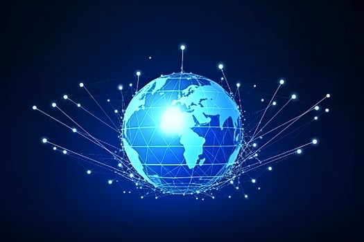 Global network on Earth concept. 3D rendering, World map point. Big data analytics and business concept, world map point and line composition concept of global business, generate ai photo