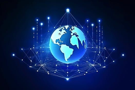 Global network on Earth concept. 3D rendering, World map point. Big data analytics and business concept, world map point and line composition concept of global business, generate ai photo
