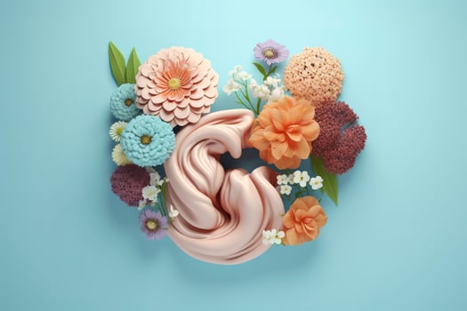 Human Stomach with flowers, pastel colors, on blue background, 3d render and illustration, generate ai photo