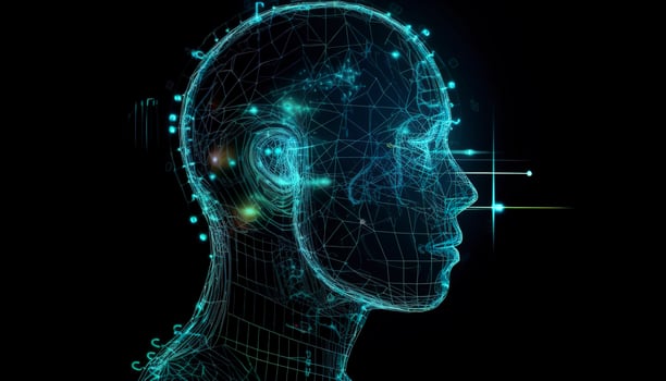 Artificial intelligence, a humanoid cyber human with a neural network thinks. AI concept of big data or cyber security. Chat GPT concept. AI with a digital brain processes big data. photo