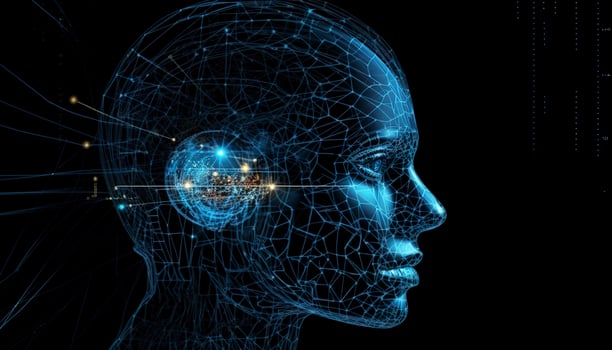 Artificial intelligence, a humanoid cyber human with a neural network thinks. AI concept of big data or cyber security. Chat GPT concept. AI with a digital brain processes big data. photo