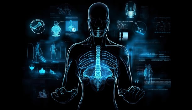 Artificial intelligence, a humanoid cyber human with a neural network thinks. AI concept of big data or cyber security. Chat GPT concept. AI with a digital brain processes big data. photo