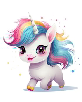 Happy unicorn cub running illustration. Cute baby unicorn for kids. Unicorn cub illustration with colorful hair and horn. Baby unicorn sleeping and sitting illustration with rainbows. . photo