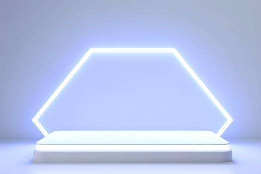 Realistic podium display with neon white lights, Product display background with light frame, White prodium product display with light effect, neon lights background, generate ai photo