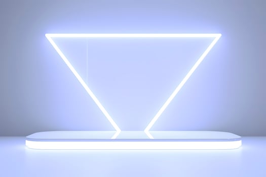 Realistic podium display with neon white lights, Product display background with light frame, White prodium product display with light effect, neon lights background, generate ai photo
