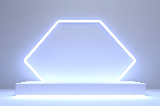Realistic podium display with neon white lights, Product display background with light frame, White prodium product display with light effect, neon lights background, generate ai photo