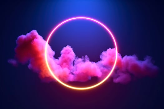 3d render, abstract cloud illuminated with neon light ring on dark night sky. Glowing geometric shape, round frame, generate ai photo