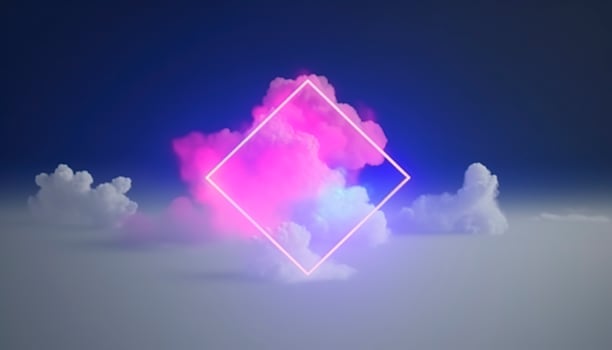3d render, abstract minimal background with pink blue yellow neon light square frame with copy space, illuminated stormy clouds, glowing geometric shape, generate ai photo