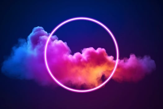 3d render, abstract cloud illuminated with neon light ring on dark night sky. Glowing geometric shape, round frame, generate ai photo
