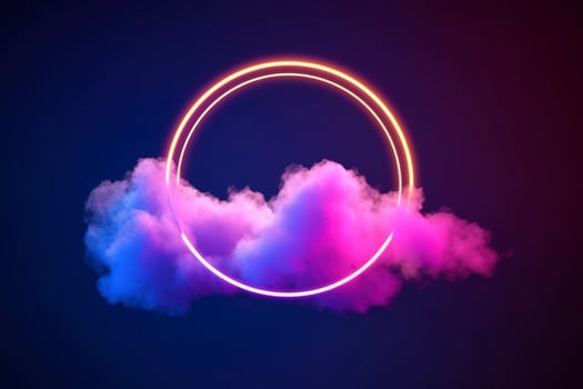 3d render, abstract cloud illuminated with neon light ring on dark night sky. Glowing geometric shape, round frame, generate ai photo
