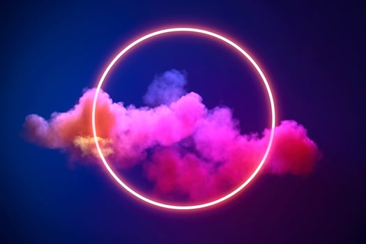 3d render, abstract cloud illuminated with neon light ring on dark night sky. Glowing geometric shape, round frame, generate ai photo
