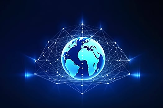 Global network on Earth concept. 3D rendering, World map point. Big data analytics and business concept, world map point and line composition concept of global business, generate ai photo