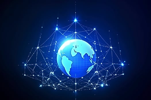 Global network on Earth concept. 3D rendering, World map point. Big data analytics and business concept, world map point and line composition concept of global business, generate ai photo