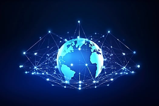 Global network on Earth concept. 3D rendering, World map point. Big data analytics and business concept, world map point and line composition concept of global business, generate ai photo