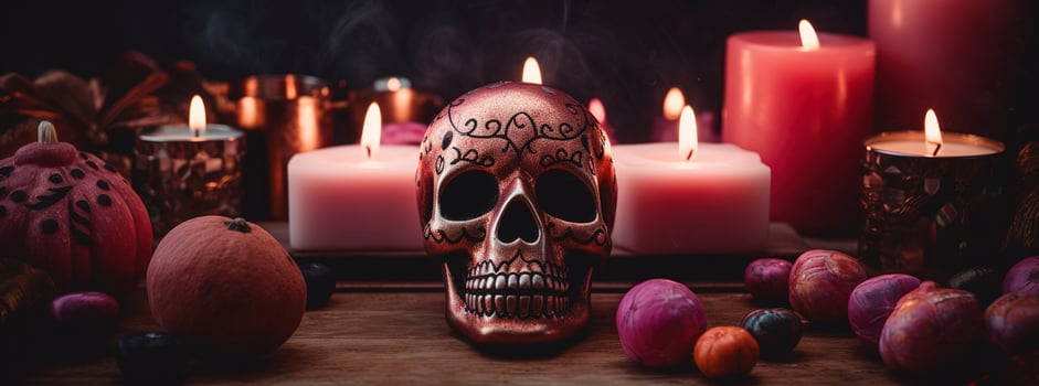 Day of the Dead skulls. Dia de los muertos. Day of the dead and mexican Halloween background. Mexican tradition festival. Day of the dead sugar skull. Dia de los Muertos, generate ai photo
