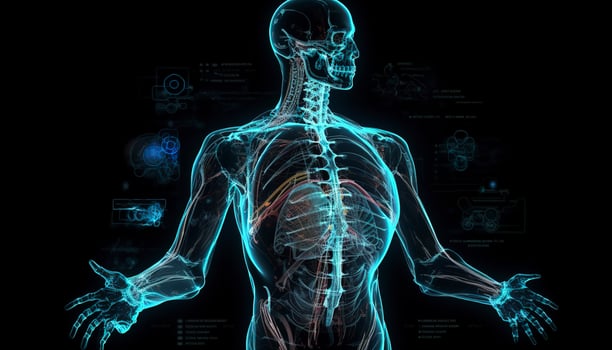 Artificial intelligence, a humanoid cyber human with a neural network thinks. AI concept of big data or cyber security. Chat GPT concept. AI with a digital brain processes big data. photo