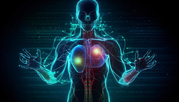Artificial intelligence, a humanoid cyber human with a neural network thinks. AI concept of big data or cyber security. Chat GPT concept. AI with a digital brain processes big data. photo