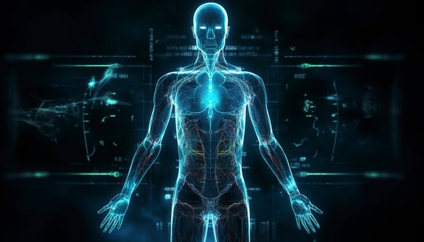Artificial intelligence, a humanoid cyber human with a neural network thinks. AI concept of big data or cyber security. Chat GPT concept. AI with a digital brain processes big data. photo