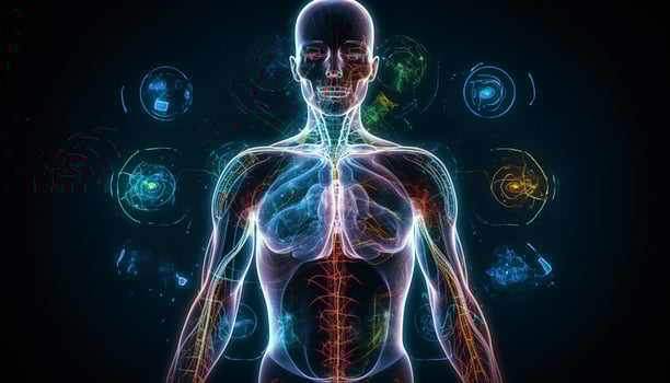 Artificial intelligence, a humanoid cyber human with a neural network thinks. AI concept of big data or cyber security. Chat GPT concept. AI with a digital brain processes big data. photo