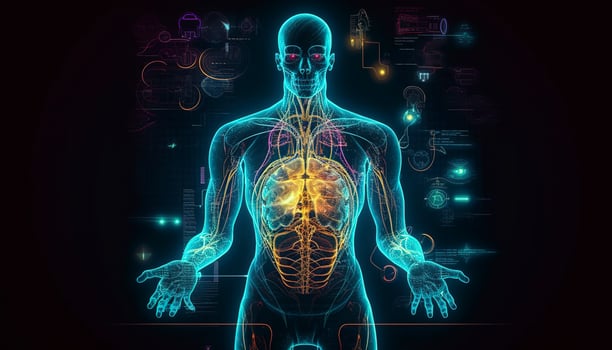 Artificial intelligence, a humanoid cyber human with a neural network thinks. AI concept of big data or cyber security. Chat GPT concept. AI with a digital brain processes big data. photo