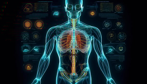 Artificial intelligence, a humanoid cyber human with a neural network thinks. AI concept of big data or cyber security. Chat GPT concept. AI with a digital brain processes big data. photo