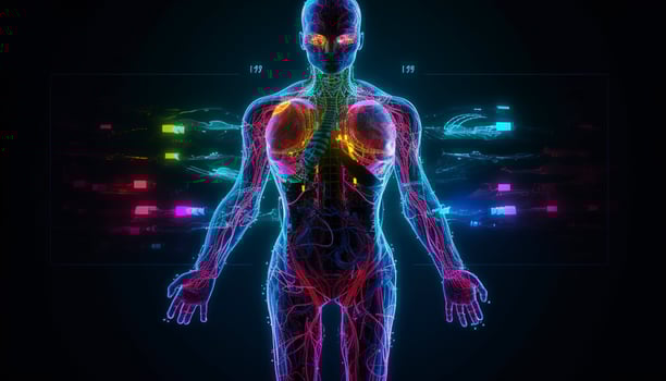 Artificial intelligence, a humanoid cyber human with a neural network thinks. AI concept of big data or cyber security. Chat GPT concept. AI with a digital brain processes big data. photo