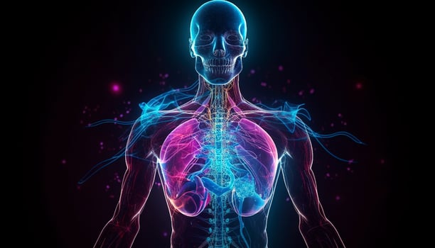 Artificial intelligence, a humanoid cyber human with a neural network thinks. AI concept of big data or cyber security. Chat GPT concept. AI with a digital brain processes big data. photo