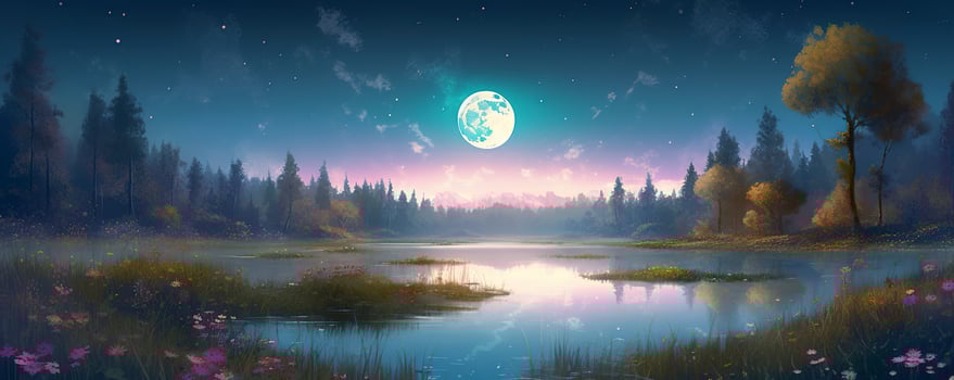 night landscape environment harvest moon over a glittering lake lush vegetation birchwood trees, flowers, magical galaxy. 3d drawing digital art, generate ai photo