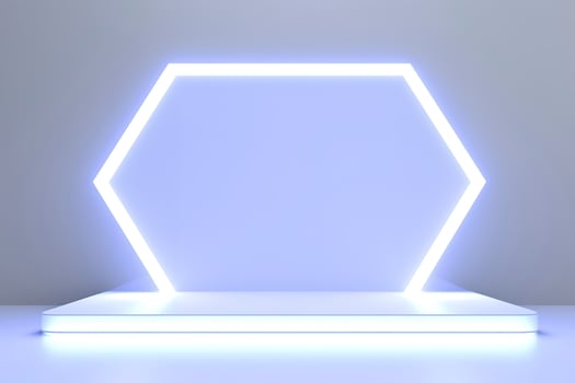 Realistic podium display with neon white lights, Product display background with light frame, White prodium product display with light effect, neon lights background, generate ai photo