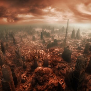 Post apocalypse. Nuclear apocalypse survivor. Ruined Cityscape. Concept. Banner size. Header, A nuclear explosion in the center of the metropolis. The beginning of apocalyptic, generate ai photo