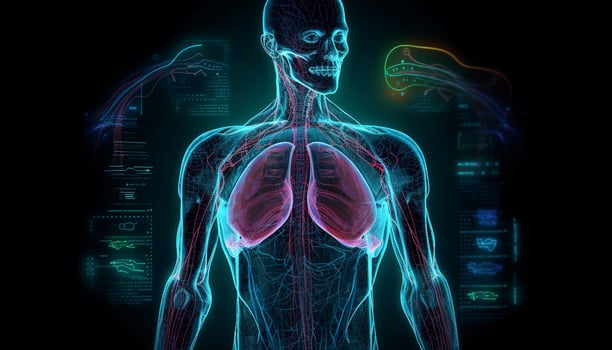 Artificial intelligence, a humanoid cyber human with a neural network thinks. AI concept of big data or cyber security. Chat GPT concept. AI with a digital brain processes big data. photo