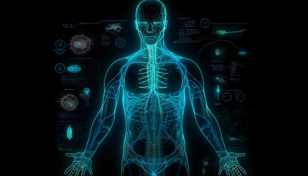 Artificial intelligence, a humanoid cyber human with a neural network thinks. AI concept of big data or cyber security. Chat GPT concept. AI with a digital brain processes big data. photo