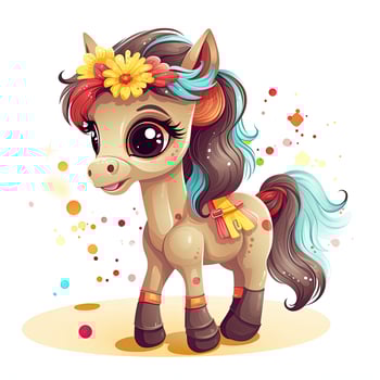 Playful horse baby set illustration for kids. Colorful baby horse with long hair playing on a white background. Baby horse with beautiful eyes and hair standing. . photo