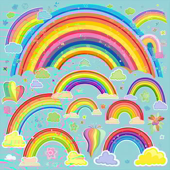 Cloud and rainbow design. Cute rainbows with happy faces. Beautiful rainbow and cloud cartoon design collection on white backgrounds. Clouds and rainbows illustration with happy faces. . photo