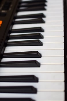 Close-up of piano keys. Piano black and white keys and Piano keyboard musical instrument placed at the home balcony during sunny day. photo