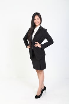 One young Asian Malaysian business office woman holding blank copy text space sign board on white background photo