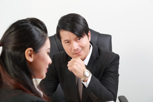 Young Asian man woman wearing business office suit chair table computer white background photo