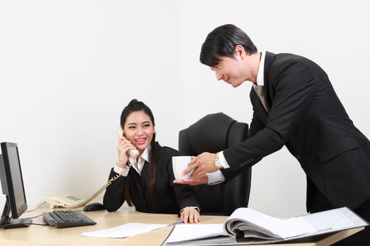 Young Asian man woman wearing business office suit chair table computer white background photo
