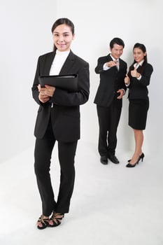 Young Asian man woman wearing business office suit stand white background photo