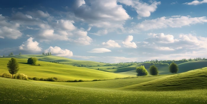. . Photo realistic Illustration of green field grass hills landscape. Graphic Art