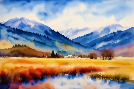 A beautiful scenery. Serene Summer Mountains. A Breathtaking Watercolor Scenery. photo