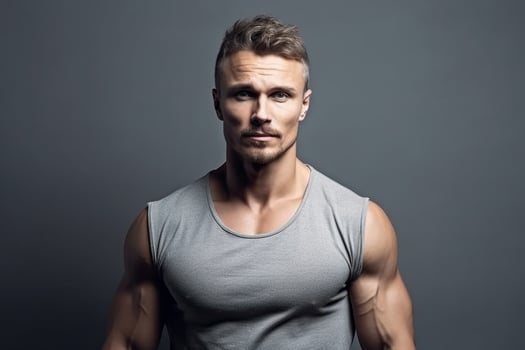 Handsome young man with muscular body posing in studio on dark background photo